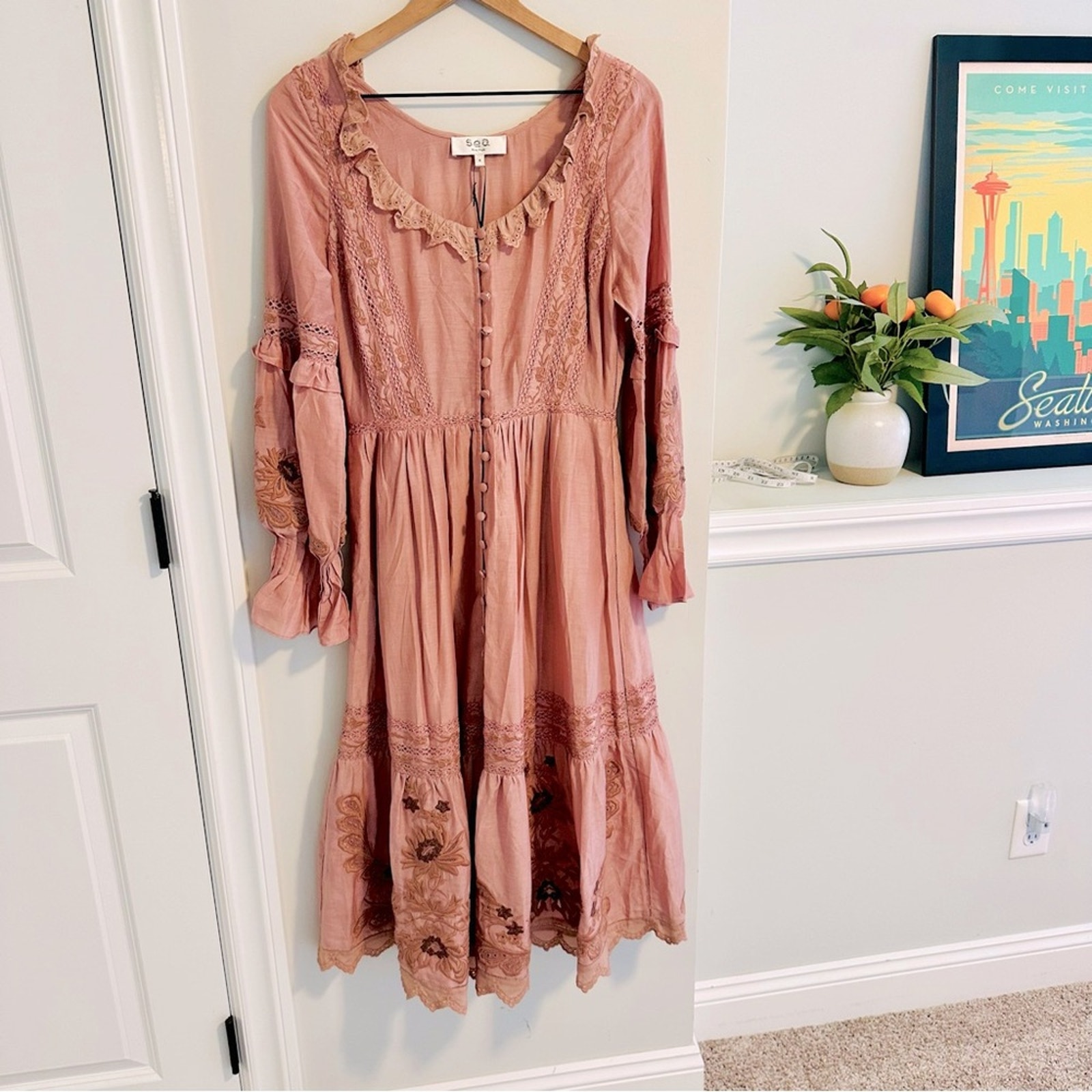 Nwt Sea New York Mauve Pink Floral Embroidered Button Front Maxi Dress Xs